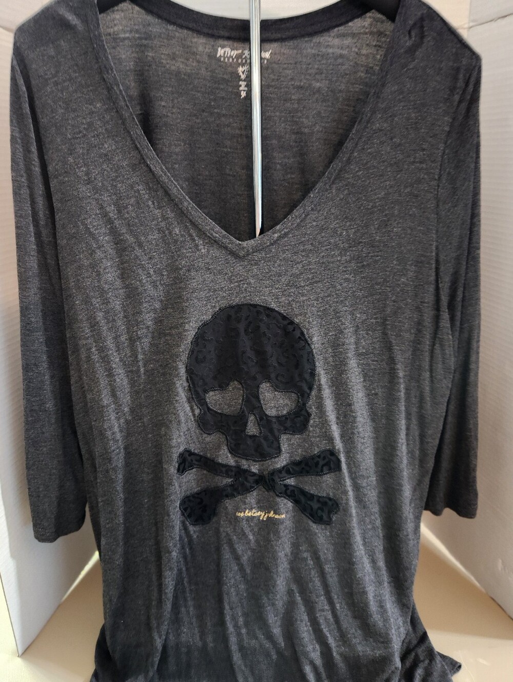 Betsey Johnson Gray Tee with Leopard Skull Appliqué